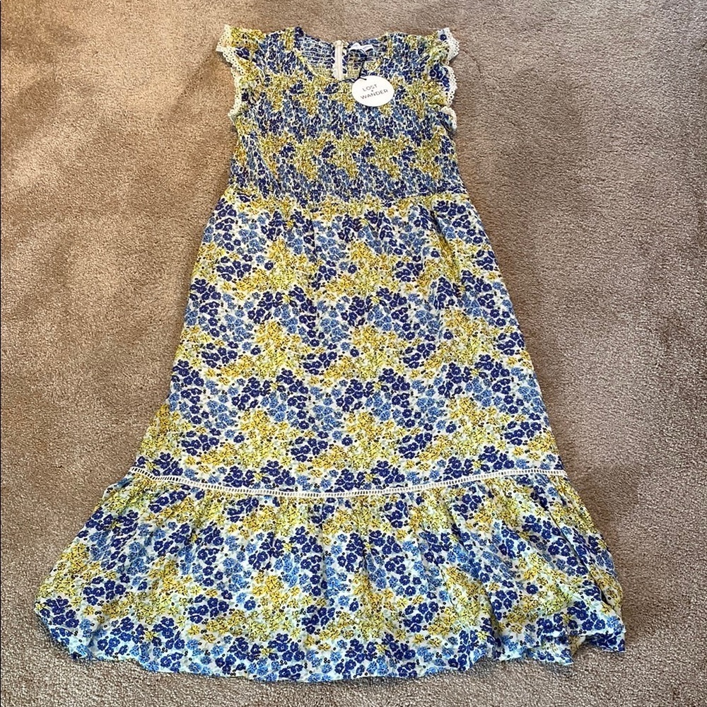 Lost + Wander Smocked Bodice S/S Blossom & Bloom Blue Yellow Floral Dress Sz L